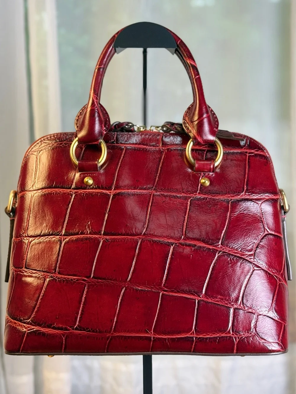 Dooney and Bourke Croco Fino Domed Satchel Bordeaux Burgundy Leather Bag
